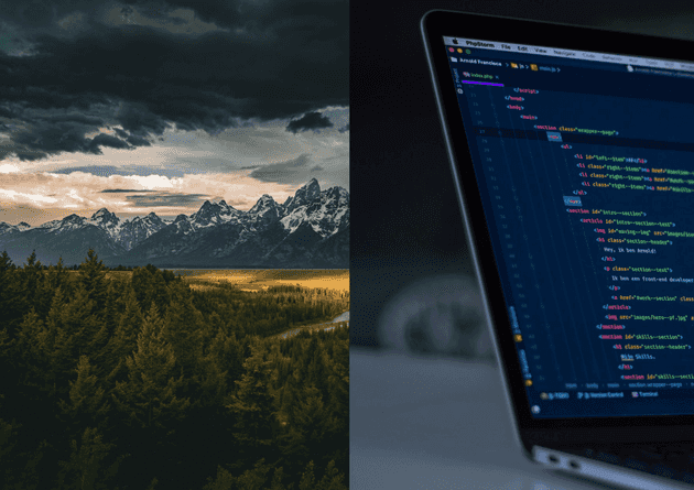 Photo split between nature and Macbook Pro